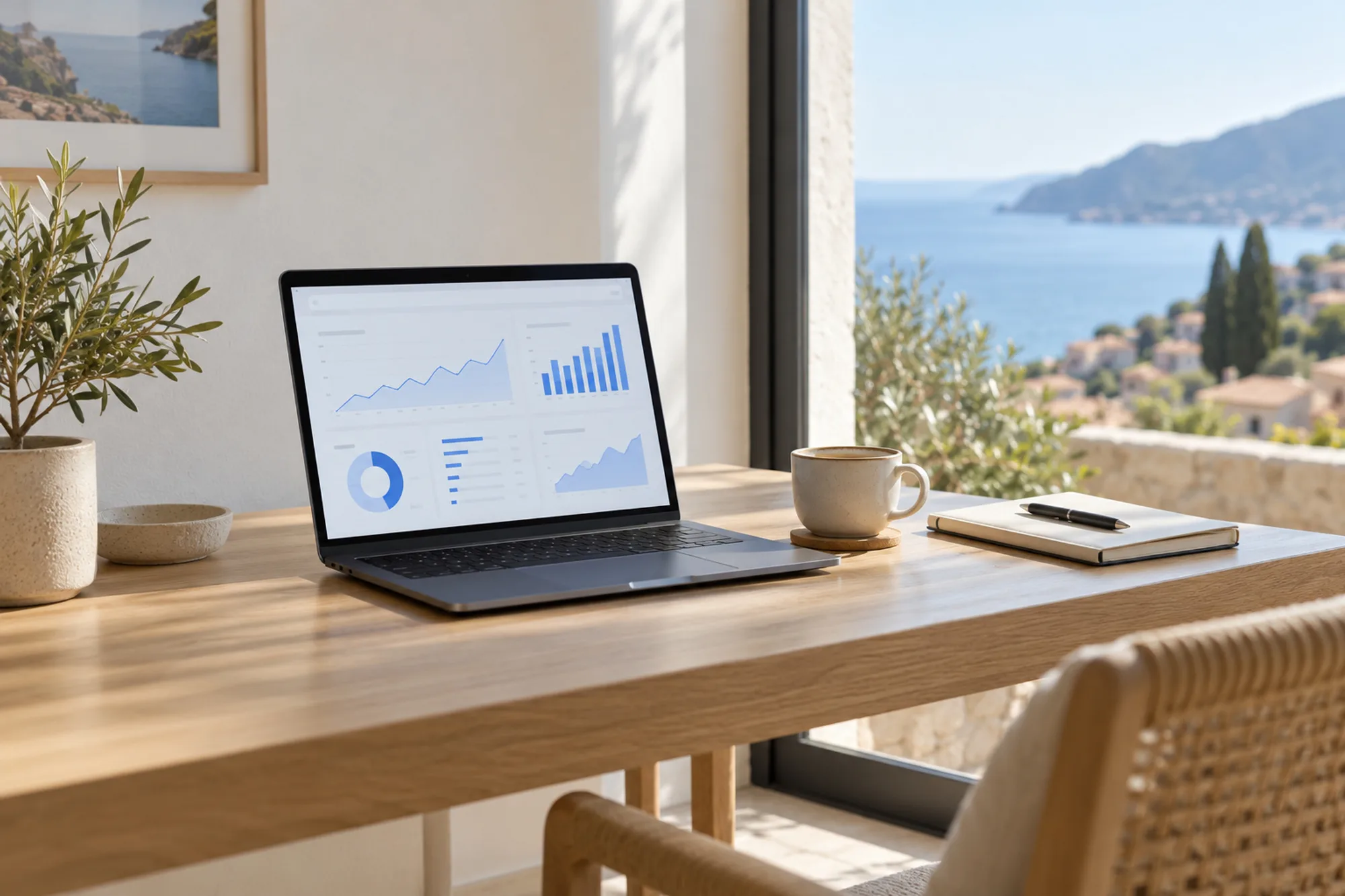 A desk with a laptop by a window overlooking the Mediterranean